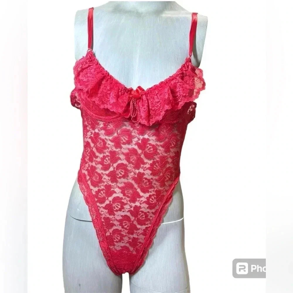 Vintage Shirley Of Hollywood Red Lace Hi Cut  Teddy Bodysuit Lace Ruffle Snaps S